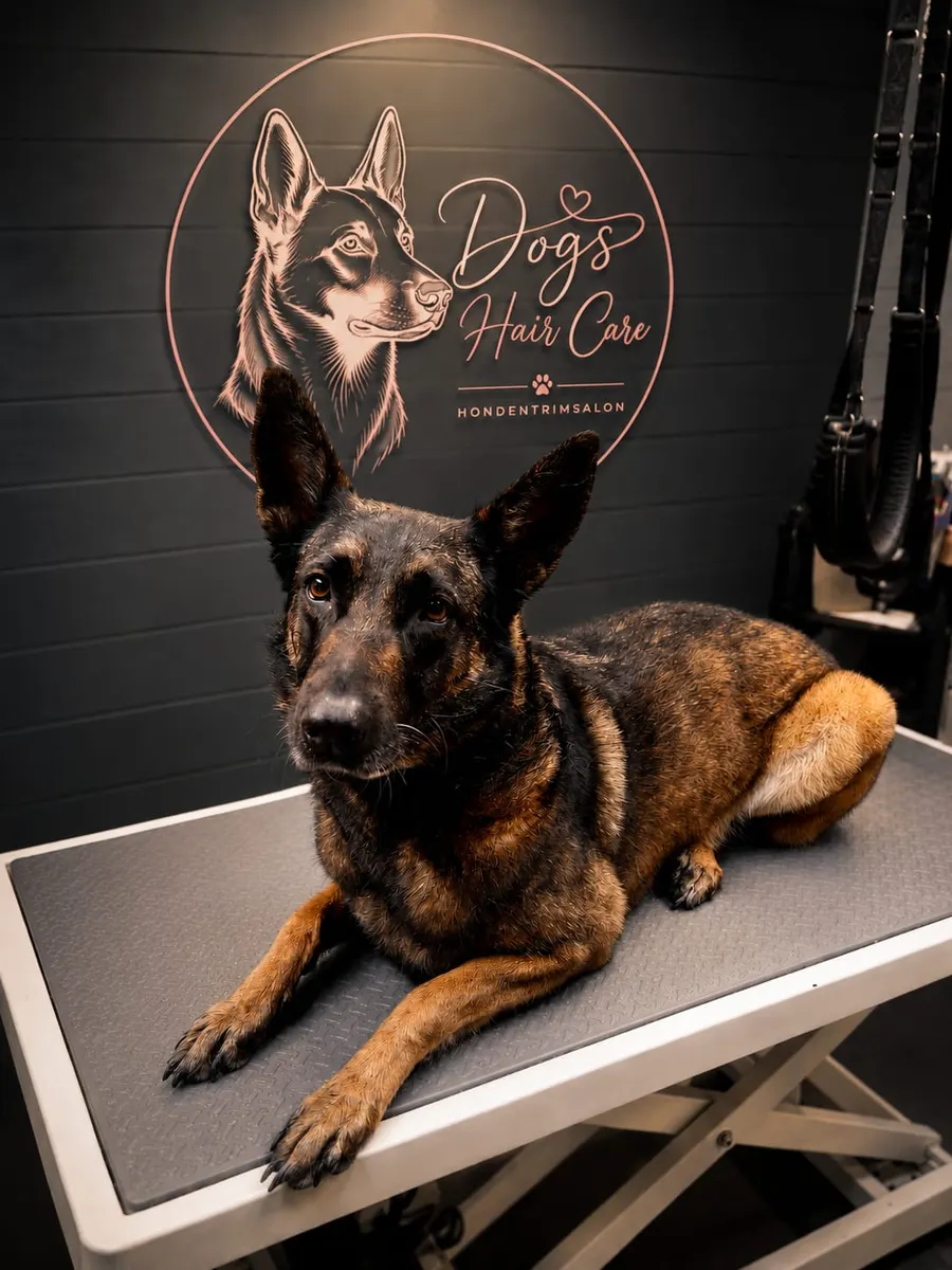 Een herder na de vachtverzorging bij Dog's Hair Care in Kerkrade