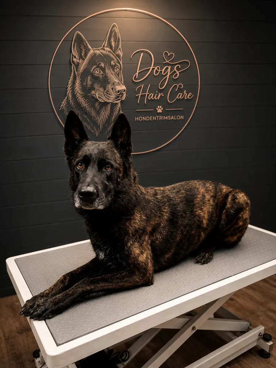 Een gestroomde herder op de trimtafel in Kerkrade