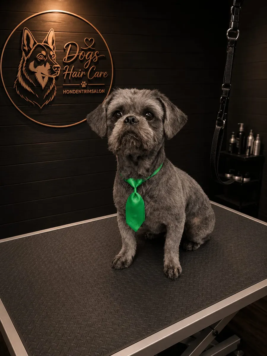 Een ruwharige hond na een trimbeurt bij Dog's Hair Care
