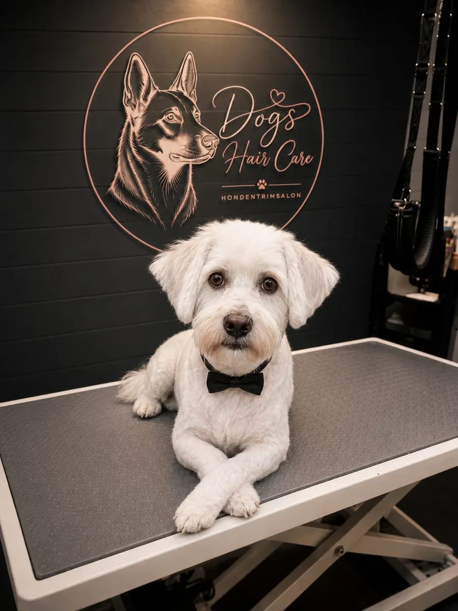 Een kleine witte hond na de knipbeurt bij Dog's Hair Care