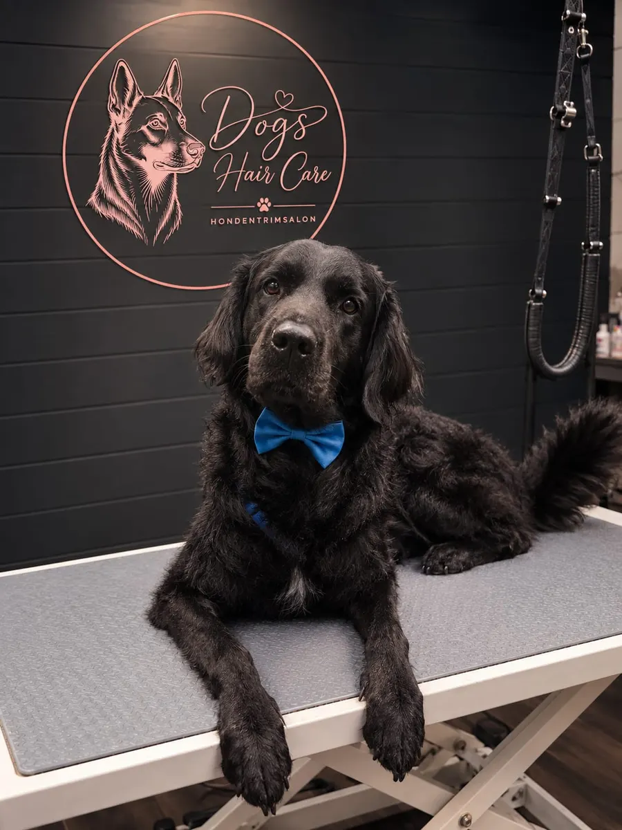 Een zwarte hond met krulvacht na het trimmen
