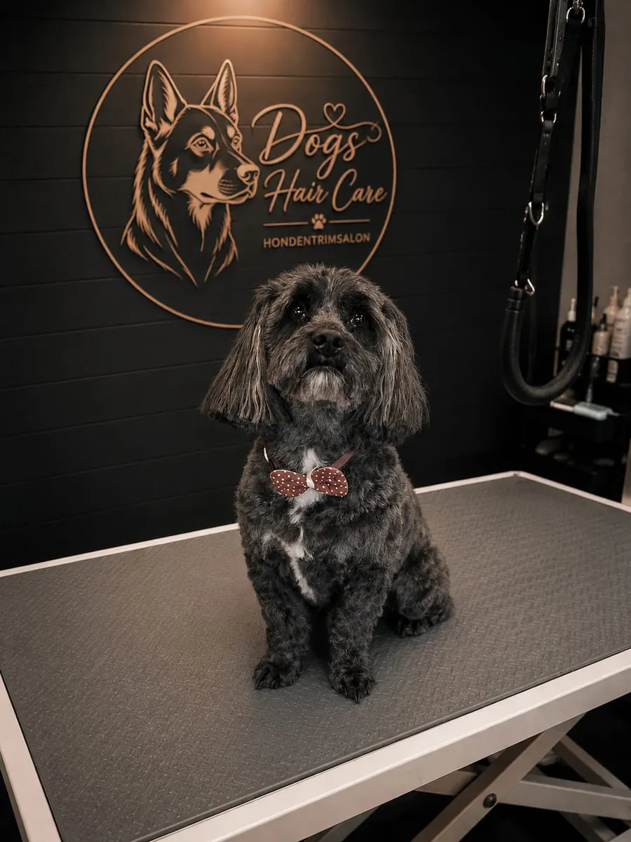 Een zwarte krulvacht na het trimmen bij Dog's Hair Care